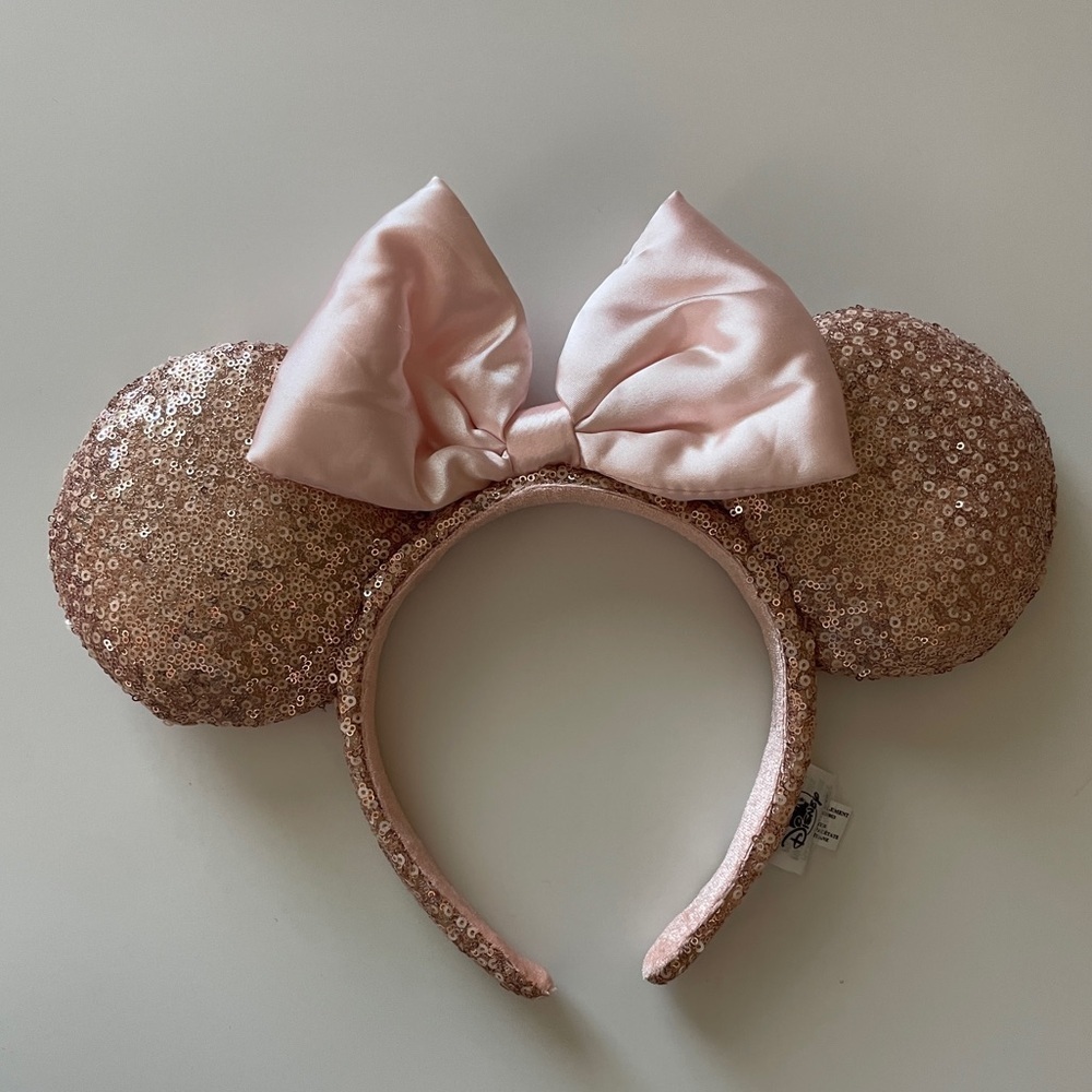 Disney Minnie Ears Sequin Headband Plush Bow Soft Pink Rose Gold